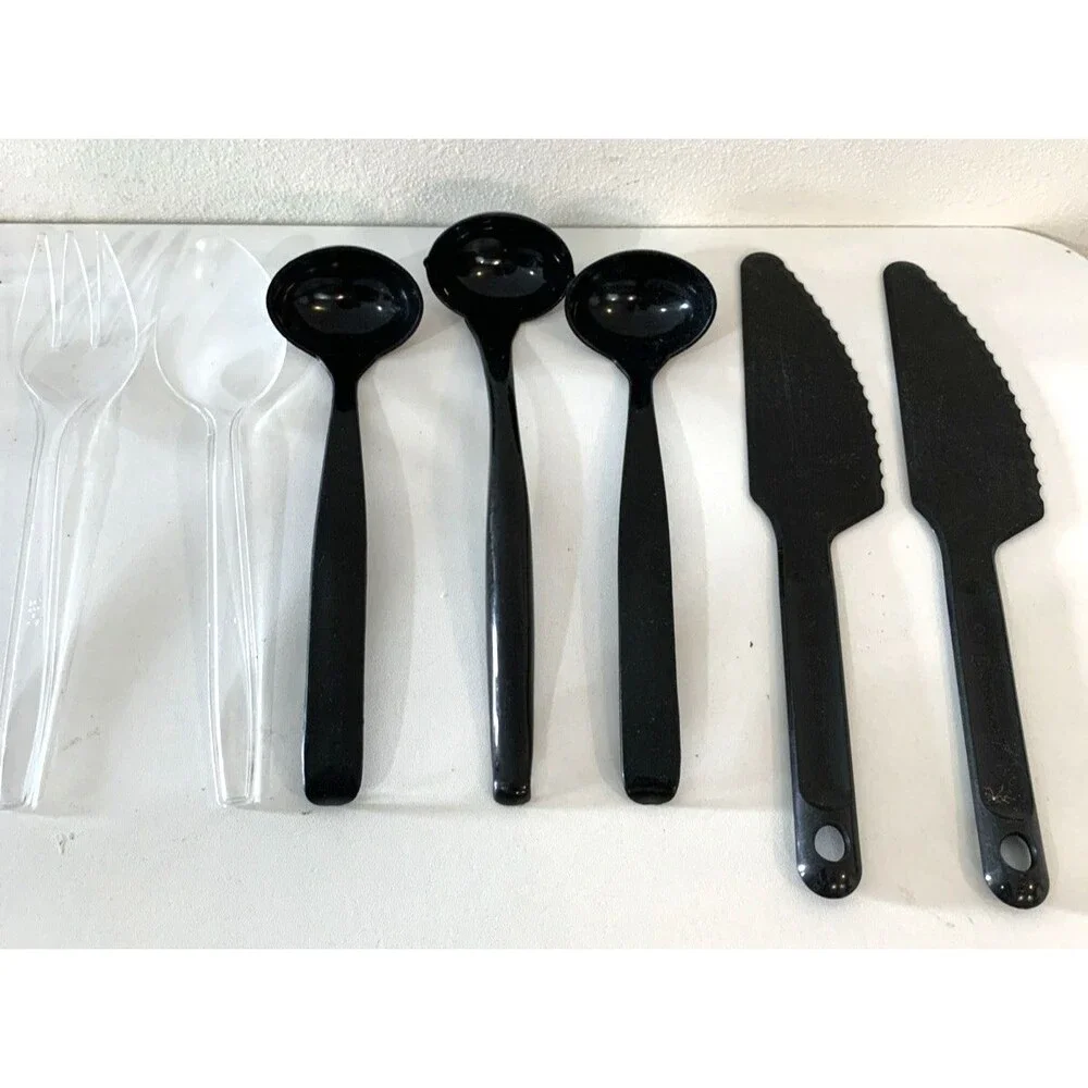 Black Plastic Picnic Serving Utensils Set of 3 Scoops, 2 Slicers 1 Ea Spoon/ForK